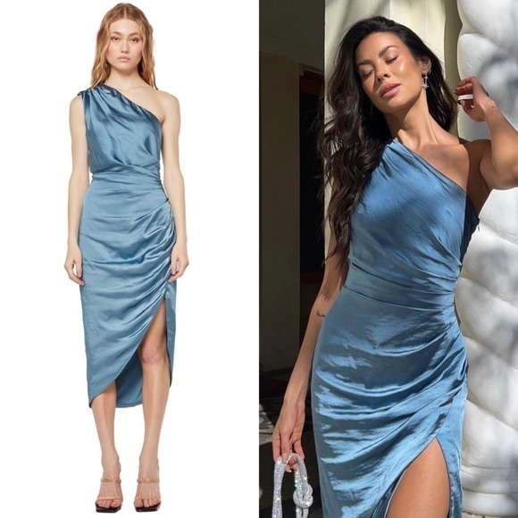 *NWT ELLIATT 70s Satin Sleeveless 1 Shoulder Ruched Faux Wrap Asymmetric Dress M - Picture 10 of 16